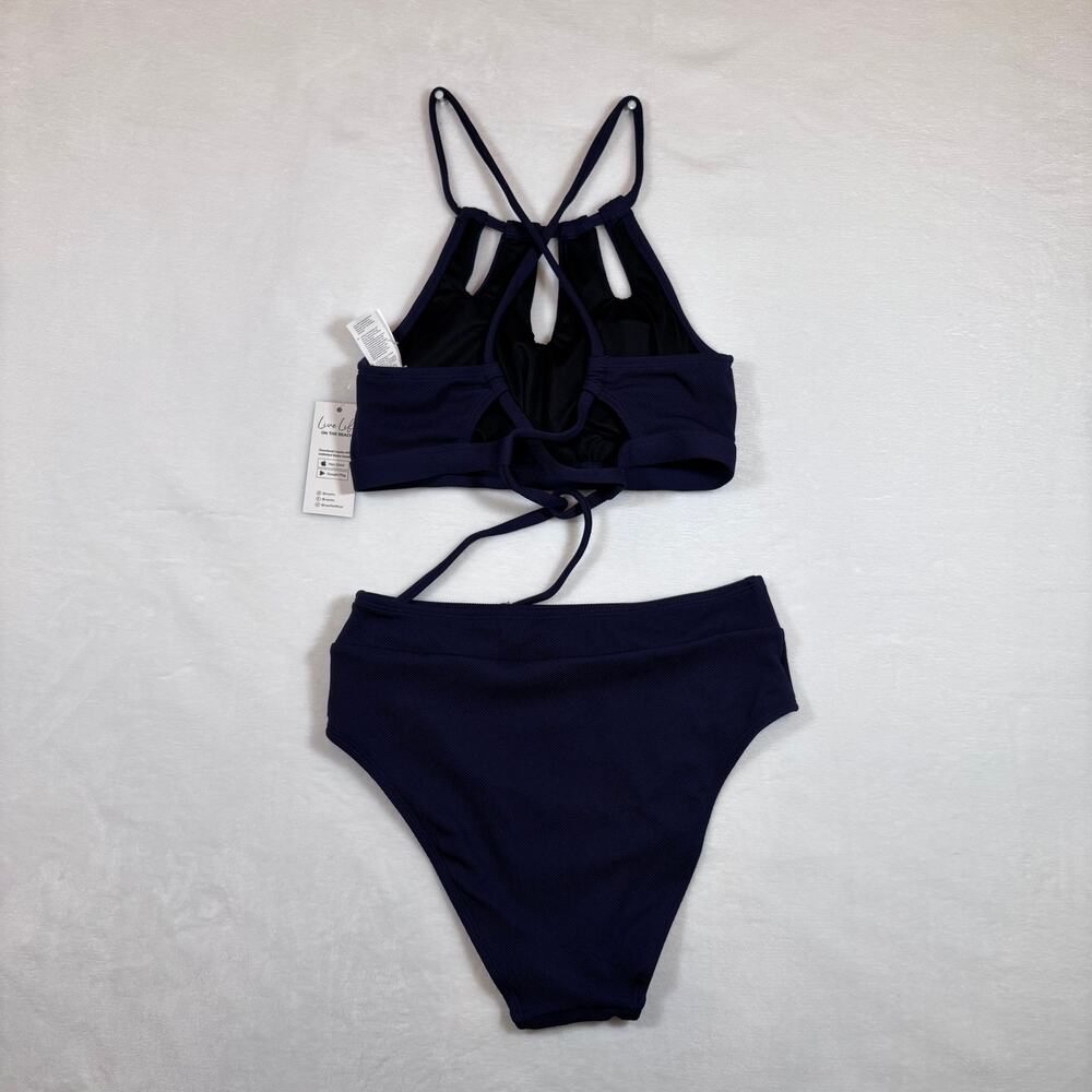 NWT Cupshe Navy Blue High Neck Bikini Set w/ Strappy Back & Keyhole Detail Sz XS - Picture 9 of 14